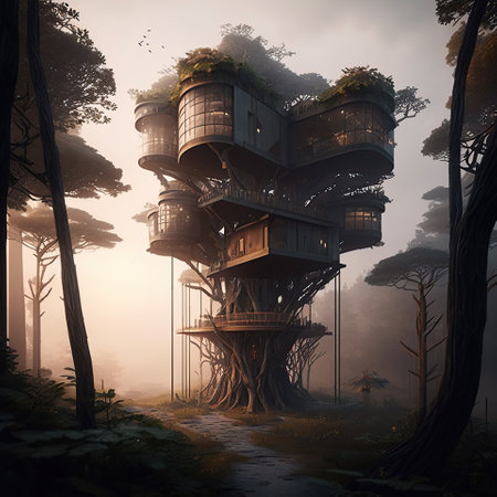 Enjoying the Beauty of Nature in a Self-Made Tree House, generative aiの素材