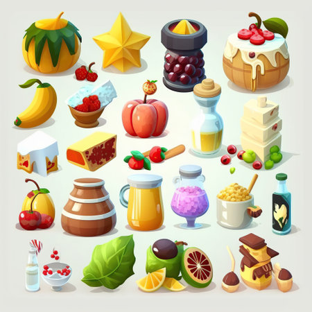 Food color flat design icons set, gameAssets, props, items, sprites, cartoon, toon, vector, generative aiの素材