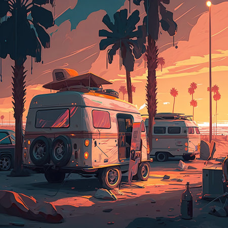 Retro art, camper van at beach with sunrise and palms tree in background, generative aiの素材