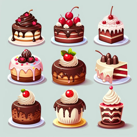 Black Forest Cakes, combines rich chocolate cake layers, fresh cherries, cherry liqueur, simple whipped cream frosting, cake icons, gameItems, gameAssets, props, items, sprites, generative aiの素材