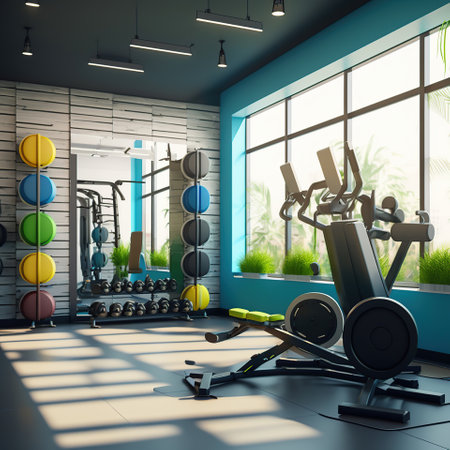 Modern gym interior with sport and fitness equipment, fitness center interior, interior of crossfit and workout gym, generative aiの素材