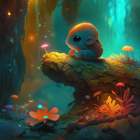 A small adorable colorful elven on a rock in a colorful fantasy forest filled with fireflies and exotic creatures, generative aiの素材