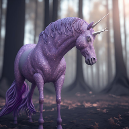 Discovering a Unicorn in the Mystical Woods with light purple aura, generative aiの素材