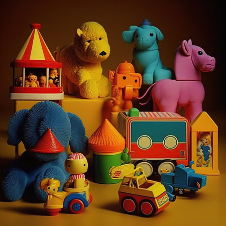 A collection of 1979âs Fisher Price toys, soft animals, kitsch, vintage, retro, animals, generative aiの素材