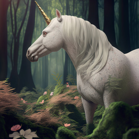 Mythical Serenity, A Beautiful Unicorn in a Dreamy, Magical Forest, generative aiの素材