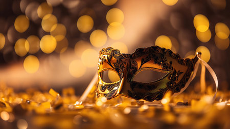 Carnival Party - Venetian Mask On Yellow Satin With Shiny Streamers On Abstract Defocused Bokeh Lights, generative aiの素材