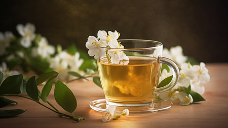 Composition with cup of jasmine tea and flowers, generative aiの素材