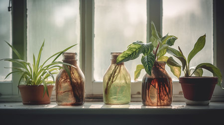 Wilted houseplants on windowsill in room, generative aiの素材