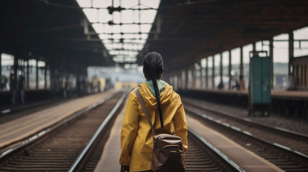 African woman on the railway station before her trip between two highway trains waiting for departure on the platform indoors of a railroad depot, generative aiの素材