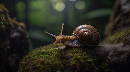 Snail on a wet rock. Helix pomatia also Roman snail, Burgundy snail, edible snail or escargot, generative aiの素材