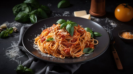 Tasty appetizing classic italian spaghetti pasta with tomato sauce, cheese parmesan and basil on plate, generative aiの素材