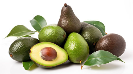 Many fresh cut avocados and leaves isolated on white, generative aiの素材