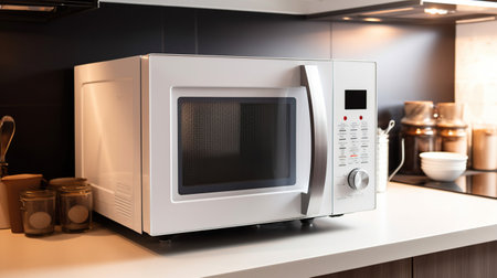 White microwave oven on counter in kitchen, generative aiの素材