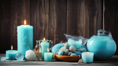 Spa ingredients for massage and relaxation, in light blue color on wooden background, generative aiの素材