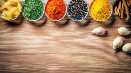 Light vibrant colors, put the spices on the table and add more spoons and make the background look smooth, generative aiの素材
