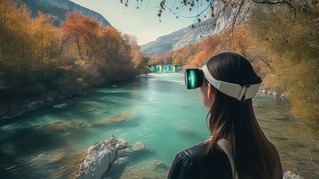 Woman viewing a beautiful natural panorama with river in VR, virtual travel concept, generative aiの素材