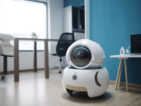 A smart robot will take care humans. It will monitor the health status of people at home, generative aiの素材