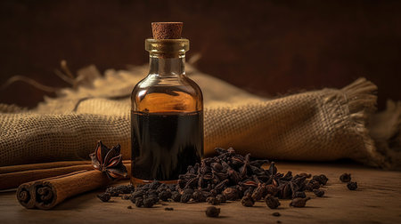 Essential oil of clove rustic . Close up glass bottle of clove oil and cloves in wooden shovel on burlap sack. Generative aiの素材