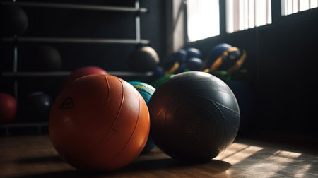 Fitness ball in gym and different sports equipment, generative aiの素材