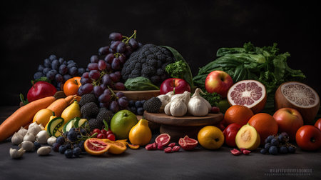 Fresh vegetables, fruits and seeds on black table, flat lay, generative aiの素材
