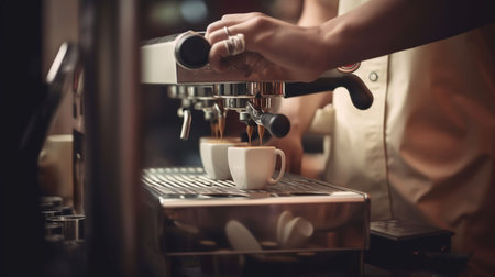 Barista make coffee latte art with espresso machine in cafe, generative aiの素材