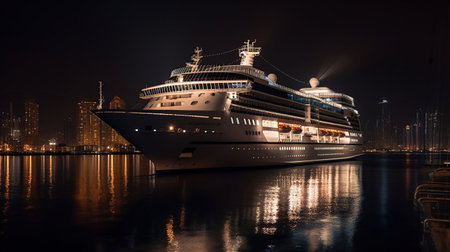 Modern cruise liner in the harbor at night, generative aiの素材