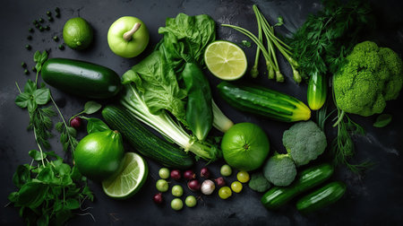 Raw healthy food clean eating vegetables: cucumber, alfalfa, zucchini, spinach, basil, green peas, dill, parsley, avocado, broccoli, lime on dark stone background, top view, generative aiの素材