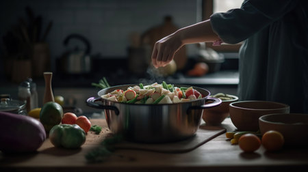 Woman putting vegetables in cooking pot on table in kitchen, generative aiの素材