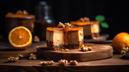Delicious caramel cheesecake with walnuts and orange served on wooden table, generative aiの素材