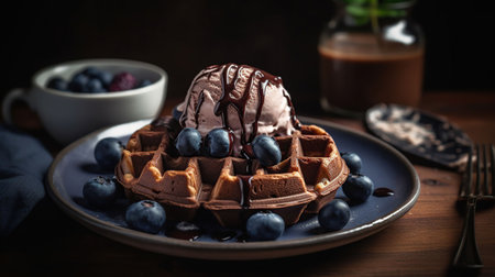Plate of delicious Chocolate Belgian Waffles with ice cream and blueberry, generative aiの素材