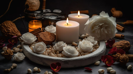 Serenity on a Mat: Creating a Peaceful Ambiance with White Stones, Dried Flowers, Candles, Cinnamon, and Oil, generative aiの素材