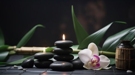 Spa still life with stacked of stone,burning candle and bamboo leaf, generative aiの素材