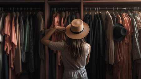 Young woman in Hat hidden Face, arranging clothes at wardrobe, generative aiの素材