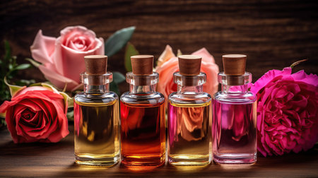 Bottles of essential rose oil and flowers on wooden table, generative aiの素材