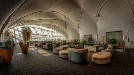 Airport lounge VIP area beneath curved organic tent ceiling, generative aiの素材