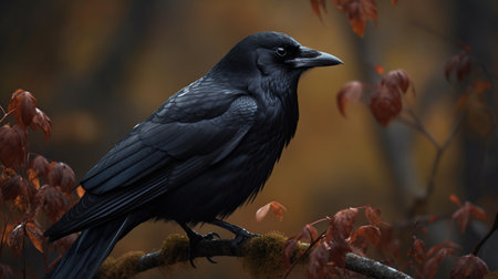 The beautiful black crow sat perched on a tree branch, its keen eyes scanning the ground below in search of food, generative aiの素材