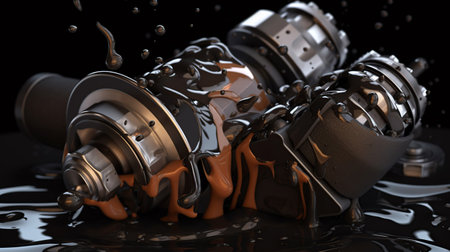 3d illustration of engine. Motor parts as crankshaft, pistons with motor oil splash, generative aiの素材