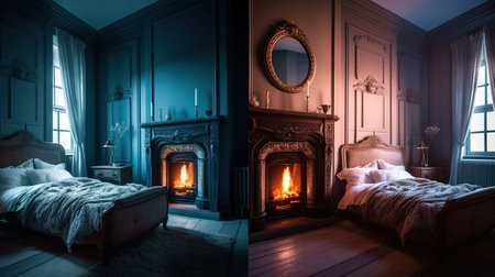 Interior of stylish bedroom with modern lamp, houseplants and fireplace in evening, generative aiの素材