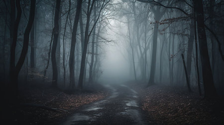 Fog In Spooky Forest At Moon Light On Asphalt - Abstract Bokeh, generative aiの素材