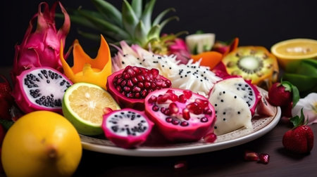 Fruit salad with dragon fruit and exotic fruits. Healthy diet and vegetarian food, generative aiの素材