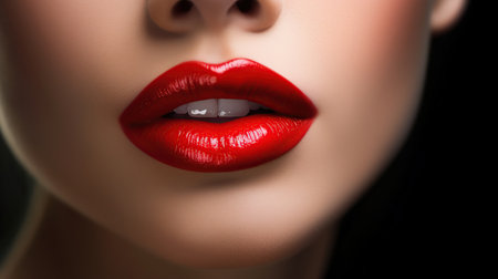 Woman face. High fashion, glamour closeup lips of beautiful caucasian young woman model. Perfect clean skin with colorful red lips and lipstick. Generative aiの素材