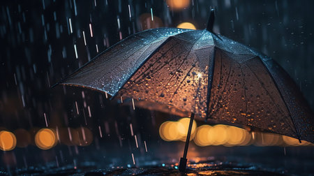 Abstract Weather Concept - Rain And Lightning On Black Umbrella On Defocused Background, generative aiの素材