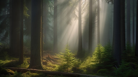Natural Forest of Spruce Trees, Sunbeams through Fog create mystic Atmosphere, generative aiの素材