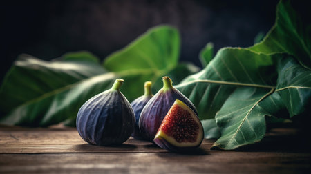 Ripe fig fruits with leaf close-up. Beautiful sweet fresh organic figs on a wooden table. Generative aiの素材