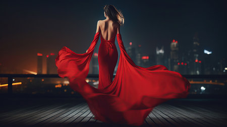 Fashion Woman in Red fluttering Dress Back Side Rear View. Glamour Model dancing with Long Silk Fabric flying on Wind over Night Sky City Light Landscape, generative aiの素材