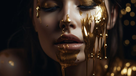 Gold Paint smudges drips from the face lips and nails, lipgloss dripping from lips, golden liquid drops on beautiful model girl's mouth, gold metallic skin make-up. Generative aiの素材