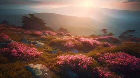 Breathtaking nature scenery during sunset. Scenic image of fairy-tale highland in sunlit. Incredible foggy morning in mountains with amazing pink rhododenndron flovers, generative aiの素材