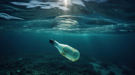 Underwater Shine With garbage Floating On Sea - Bottle Plastic Pollution In Ocean, generative aiの素材