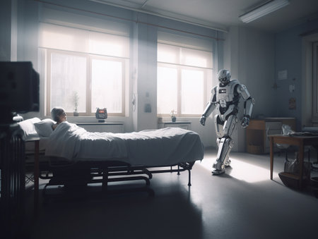 A smiling middle-aged patient lying on a bed. there is a robot as a doctor. cinematic light, generative aiの素材