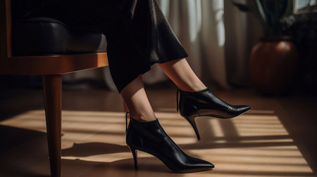 Woman in black heels sitting at home, generative aiの素材